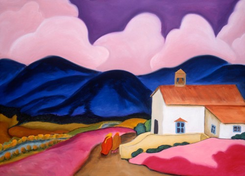 After the Service, a brightly colored acrylic painting print by Lindsey Leavell; shows a simple white church overlooking a field, set against a backdrop of mountains.©LindseyLeavell