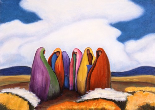 Council of Women is a colorful painting by Lindsey Leavell showing a group of women dressed in shawls, meeting on a hilltop. ©LindseyLeavell