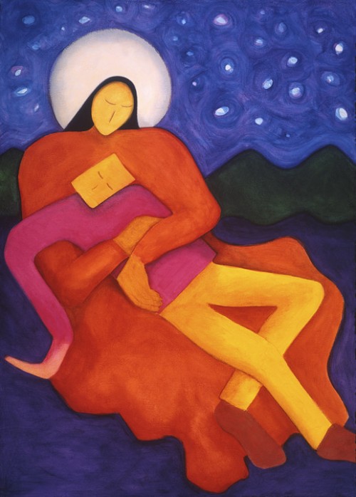 Every Mother's Son, a brightly colored painting by Lindsey Leavell, showing a simplified mother holding her son beneath a starry, moonlit sky. ©LindseyLeavell