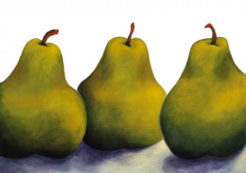 Green Pears, a dramatic still life painting of three simple green pears by Lindsey Leavell. ©LindseyLeavell