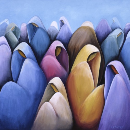 Market Day, a dramatic fine art painting by Lindsey Leavell showing a crowd of women in draping shawls using simplified shapes and bold colors. ©LindseyLeavell
