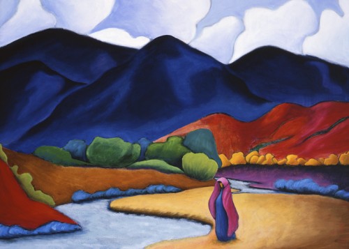 Metaphor, a bright, colorful painting of a woman walking near a river, with a backdrop of mountains. By Artist Lindsey Leavell. ©LindseyLeavell