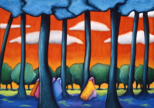 Migration is a colorful painting by Lindsey Leavell showing a group of women in shawls traveling through a forest beneath an early morning sky. ©LindseyLeavell