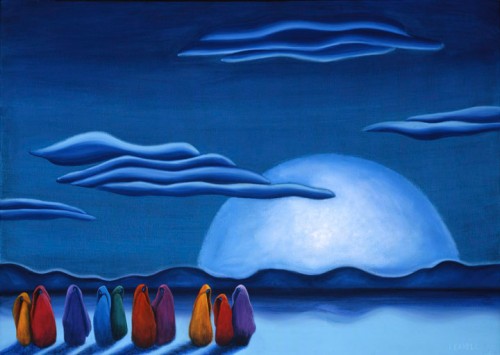 Moon Shadows, a simple fine art painting for sale by Lindsey Leavell, group of women huddled at night beneath the moon. ©LindseyLeavell