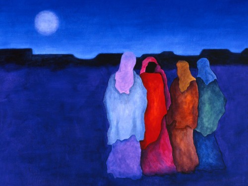 Moon and Four, a dramatic night scene painted by Lindsey Leavell. Four women in shawls meet beneath the moon. ©LindseyLeavell