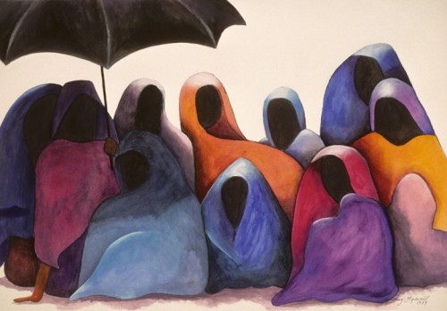 Namaste, a dramatic and moody painting by Lindsey Leavell. A group of women draped in shawls sit quietly beneath a black umbrella. ©LindseyLeavell