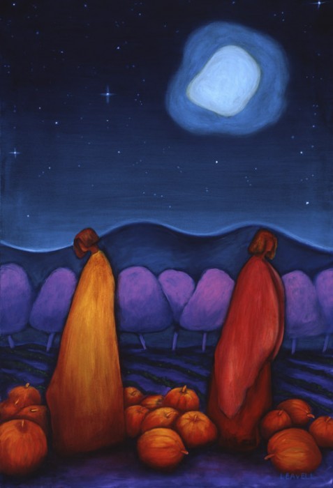 Pumpkins, an acrylic painting by Lindsey Leavell, dramatic night scene of two women in a pumpkin patch beneath a large blue moon. ©LindseyLeavell