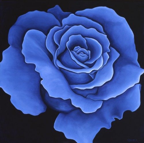 Blue Rose, an acrylic painting by artist Lindsey Leavell, showing close-up view of a bright blue rose. ©LindseyLeavell