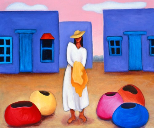 The Street Vendor, a bright, colorful painting of a woman selling large pots in a marketplace. By Artist Lindsey Leavell. ©LindseyLeavell