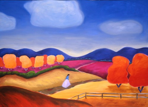 The Long Road Home, is a colorful painting by Lindsey Leavell showing a woman walking along a rural road in the autumn. Simple lines and bold colors. ©LindseyLeavell