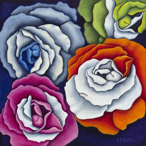The Mad Hatter’s Roses, an acrylic painting by artist Lindsey Leavell, showing close-up view of four brightly colored roses; pink, blue, orange and green. ©LindseyLeavell