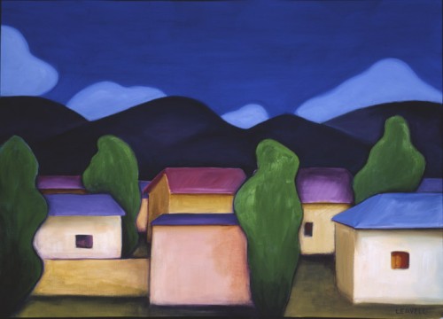 The Village, a dramatic night scene by Lindsey Leavell. Several small houses shown against an evening sky and dark mountains.©LindseyLeavell