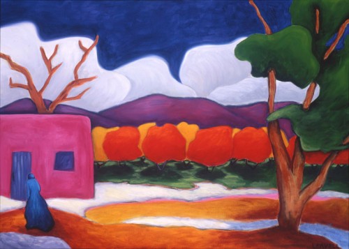 The Widow's Orchard is a dramatic and colorful painting by Lindsey Leavell. Blocks of bright shapes depict a solitary woman walking through an orchard, towards her home. An early snow is on the ground. ©LindseyLeavell