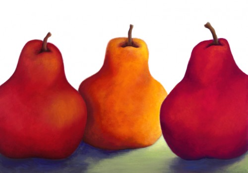 Three Red Pears, acrylic painting by Lindsey Leavell, still-life painting of brightly colored pears. ©LindseyLeavell