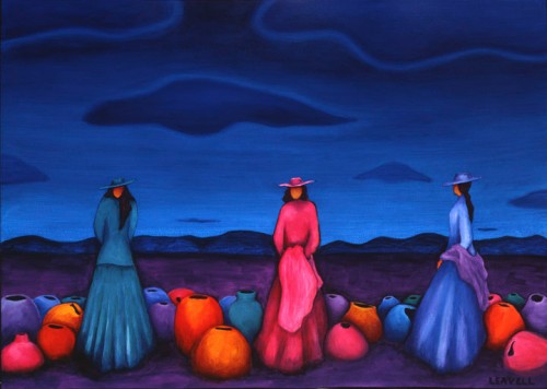 Three Women Selling Pots, an acrylic painting by Lindsey Leavell, dramatic night scene of three women in a pumpkin patch beneath an evening sky. ©LindseyLeavell