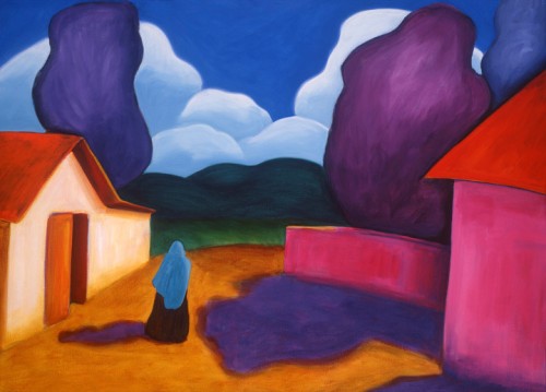 Two Red Roofs is a dramatic and colorful painting by Lindsey Leavell. Blocks of bright shapes depict a solitary woman walking between two buildings. ©LindseyLeavell