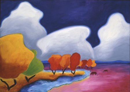 The West Pasture, a brightly colored painting by Lindsey Leavell, showing fall colored trees and river running through a pasture. ©LindseyLeavell