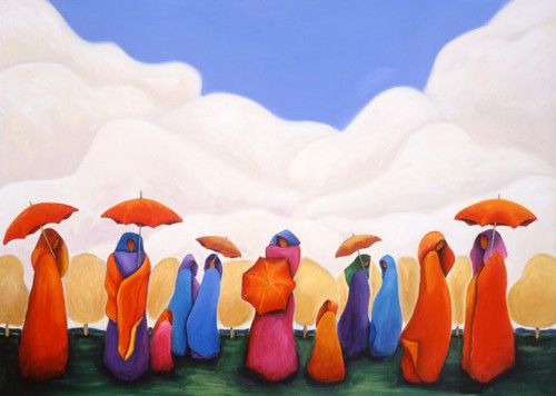 Woman With Umbrellas, a simple fine art painting for sale by Lindsey Leavell, brightly colored group of women holding umbrellas. ©LindseyLeavell