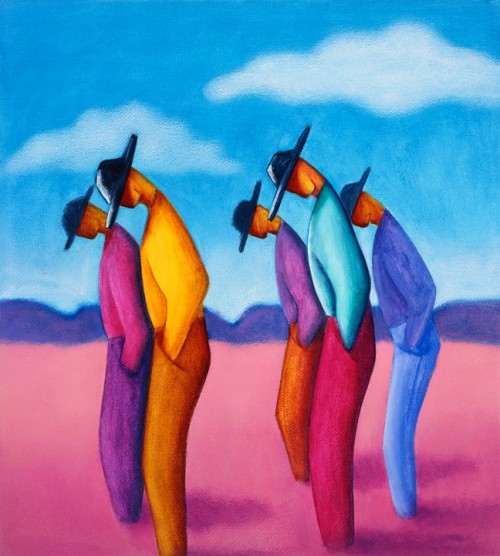 Honor is a colorful painting by Lindsey Leavell showing a group of men with hands in their pockets, bowing their heads. ©LindseyLeavell