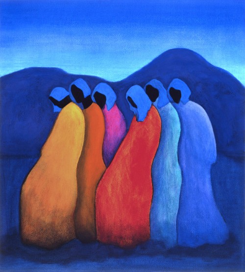 Winter Women, a simple yet dramatic painting by Lindsey Leavell. A group of women huddle beneath a fading evening sky, their heads covered in shawls. ©LindseyLeavell