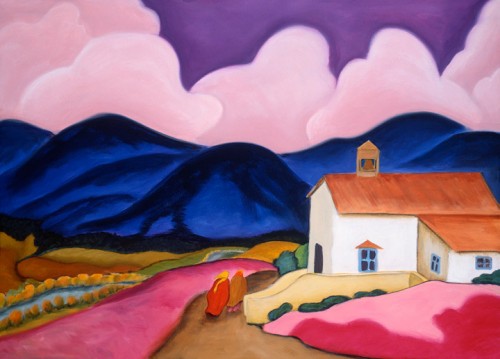 After the Service, a brightly colored acrylic painting print by Lindsey Leavell; shows a simple white church overlooking a field, set against a backdrop of mountains.©LindseyLeavell After the Service, a brightly colored acrylic painting print by Lindsey Leavell; shows a simple white church overlooking a field, set against a backdrop of mountains.©LindseyLeavell