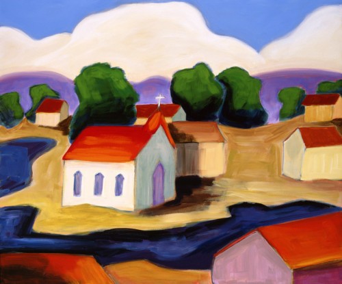 Black River Church, a brightly colored painting by Lindsey Leavell of a church within a town, set along a dark river. ©LindseyLeavell Black River Church, a brightly colored painting by Lindsey Leavell of a church within a town, set along a dark river. ©LindseyLeavell