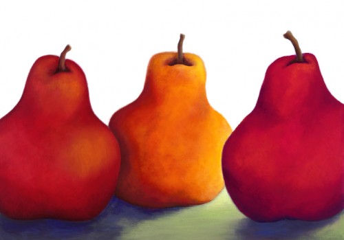 Three Red Pears, acrylic painting by Lindsey Leavell, still-life painting of brightly colored pears. ©LindseyLeavell Three Red Pears, acrylic painting by Lindsey Leavell, still-life painting of brightly colored pears. ©LindseyLeavell