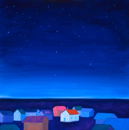 Town on the Plains, a dramatic night scene by Lindsey Leavell. Several small houses and a bright white church is shown against a fading evening sky. ©LindseyLeavell Town on the Plains, a dramatic night scene by Lindsey Leavell. Several small houses and a bright white church is shown against a fading evening sky. ©LindseyLeavell