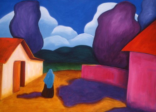 Two Red Roofs is a dramatic and colorful painting by Lindsey Leavell. Blocks of bright shapes depict a solitary woman walking between two buildings. ©LindseyLeavell Two Red Roofs is a dramatic and colorful painting by Lindsey Leavell. Blocks of bright shapes depict a solitary woman walking between two buildings. ©LindseyLeavell
