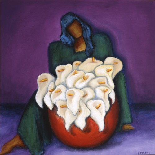 Woman in Green Dress, a dramatic evening scene by Lindsey Leavell, showing a woman with a large basket of calla lily flowers. ©LindseyLeavell Woman in Green Dress, a dramatic evening scene by Lindsey Leavell, showing a woman with a large basket of calla lily flowers. ©LindseyLeavell